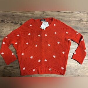 Wooden Ships Cotton V-Neck Sweater Scarlet Macaw/Caprice Pink Polka Dot. NWT